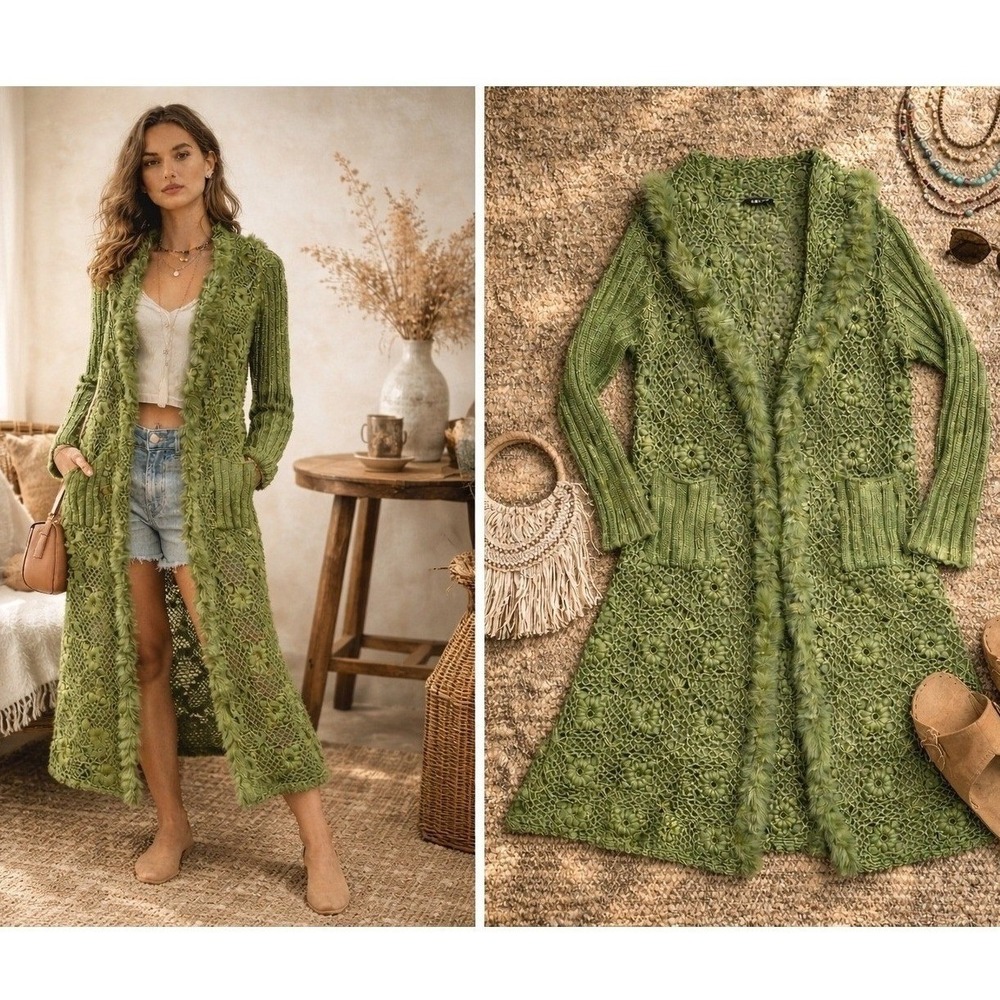 Dolce Cabo Green Crochet Fur Trim Longline Cardigan Duster Sweater
